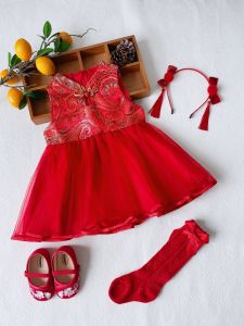 Birthday Party Baby Girl Dress and Cheongsam Chinese Style Baby Clothes Summer Baby Girl Zhuazhou Birthday Princess Dress Red National Style