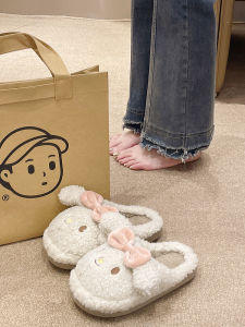 Cute Cartoon Cotton Slippers Womens Winter Thick Bottom Anti-slip Home Indoor Warm Plush Slip-On Shoes Sweet Style Low Heel