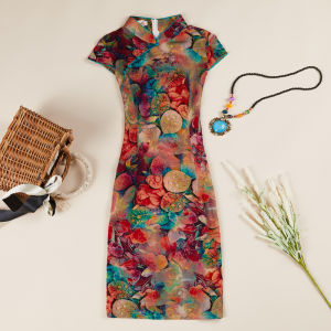 2025 New Summer Short Qipao Dress Elastic Cotton Linen Dance Show Daily Slim Fit Floral Print Low Slit Artistic Style Short Sleeve