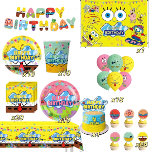 Potdemiel | Cute Yellow Sponge2Bob Balloon Party Supplies Birthday Baby Shower Decorations Tableware Set including Plates Cups Tablecloth