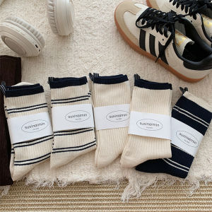 Womens Mid-Calf Striped Socks Cotton Blend Moisture Wicking Long Tube Socks Korean Style Japanese Style Spring Autumn Season