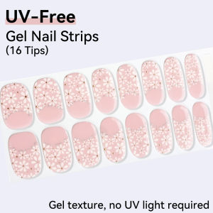 16 Tips LED lamp-free Pink Color Gel Nail Strips Floral Gel Sticker Long-Lasting Full-Coverage Sticker Nail Manicure Decoration