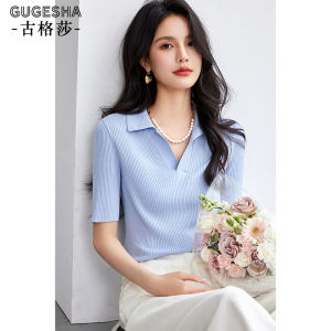 French Collar Vertical Striped Knitwear Summer New  Blue Top Womens Design Beautiful Small Shirt Polyester Fiber Short Sleeve
