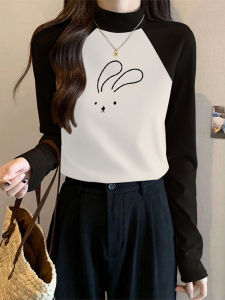 เสื้อยืดคอกลมแขนยาวผู้หญิงสไตล์อเมริกัน ทรงสลิมฟิต ดีไซน์ใหม่ ฤดูใบไม้ร่วง/ฤดูหนาว เสื้อชั้นในผ้าฝ้ายผสมโพลีเอสเตอร์