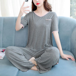 หลวม Modal ผ้าฝ้าย ชุดนอน ชุด ผู้หญิง แขนยาว กางเกงขายาว ชุดราตรีพร้อมแผ่นรองหน้าอก เครื่องปรับอากาศ เสื้อผ้าบ้าน ฤดูใบไม้ร่วง