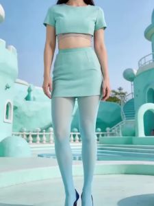 1 Đôi Quần Tất Nylon Đục Cạp Cao Cho Nữ Màu Xanh Xanh Lá Cây Dệt Kim Mỏng Mặc Đi Làm & Hàng Ngày
