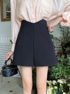 Quần Short Công Sở Màu Đen Cạp Cao Cho Nữ Quần Ống Rộng Chữ A Quần Ống Rộng Che Bụng Quần Ống Rộng Mùa Thu Quần Ống Rộng Không Đều