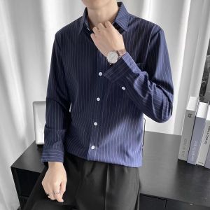 Slim Fit Mens Shirt Vertical Stripes Anti-Wrinkle Casual Long Sleeve Korean Style Colorful Fabric Youthful Fashion All Seasons