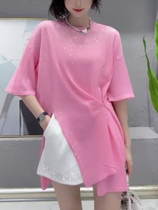 Shiny Sequin Pink Short Sleeve round Neck T-Shirt Womens Summer Fashionable Design Split Casual Top Korean Style Thin Material