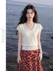 YOUXIANG | Đồ Knitwear Phong Cách Pháp Tay Ngắn Xòe