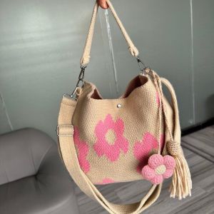 Handmade Crochet Bag Flower Tote Knit Floral Purse Bag Boho Woven Beach Handbags Crossbody Shoulder Bag for Women Vacation