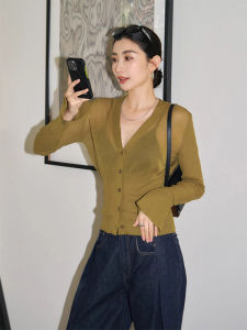 Olive Green Lightweight Knitted Sun Protection Shirt V-Neck Womens Summer New Style Thin Cardigan Slim Fit Top Outerwear