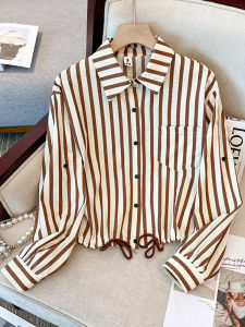 ผู้หญิง หลวม แขนยาว ปกโปโล เชือกรูด ดีไซน์ เสื้อเชิ้ตลายทาง ลำลอง มีสไตล์ เสื้อท่อนบน ต้น ฤดูใบไม้ร่วง สินค้ามาใหม่