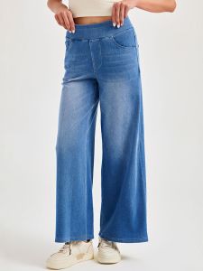 New Plus Size Wide Leg Jeans High Waist Slim Fit Multi Pocket Loose 9/10 Length