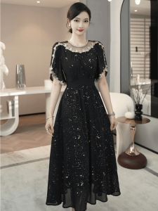 Elegant Black Floral Print Summer Dress Womens High Waist A-Line Skirt Luxury Upper Society Style Mid-Length Casual Chic