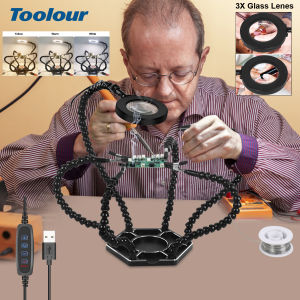 Toolour Soldering Helping Hand Soldering Third Hands with 3X LED Magnifier 6 Flexible Arms Aluminum Base for Welding Repair