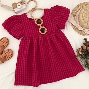 BabyKids Kids Dress Plaid Back Lacing Puff Sleeves Princess Dress 2-8 Years Dress Budak Perempuan