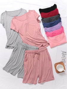 ชุดนอนผู้หญิงคอตตอนโมดอลแขนสั้นหลวมๆ ชุดนอนฤดูร้อน ชุดนอนสองชิ้น เสื้อผ้าใส่ในบ้าน ชุดนอนผู้หญิง