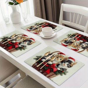 Bộ 4 Tấm Lót Đĩa Giáng Sinh Hình Mèo VIKAMA Chất Liệu Polyester Dễ Vệ Sinh Dùng Trang Trí Bàn Ăn Cho Các Buổi Họp Mặt Gia Đình Và Tiệc Tùng