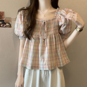 Plus Size Plus Size Ladies Short Sleeve Plaid Shirt Womens Summer French Style Design Loose Slimming Belly-Covered Short Baby Shirt Top