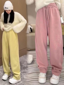 Womens High Waist Wide Leg Sweatpants Thickened Fleece Casual Pants Spring 2024 Korean Style Straight Cut Trousers