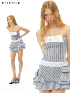 Original Deleteex Ded-moji Series Striped Character Rhinestone Strapless Multi-layered Hem Dress Womens Fashion Spring Summer
