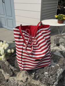 Large Capacity Canvas Tote Bag Womens Casual Shopping Bag Double Stripe Pattern Ins Lazy Style Single Shoulder Shopping Bag