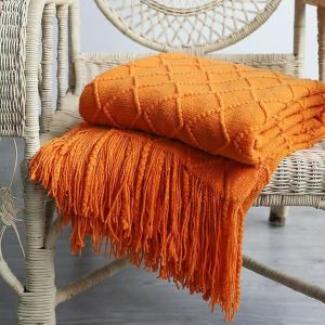 Orange Knitted Throw Blanket for Bed with Tassel Gray Blue Solid Textured Plaid Sofa Cover Nordic Bed End Decor Soft Nap Blanket