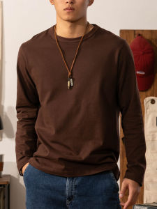American Retro 300g Heavyweight Pure Cotton Long Sleeve T-Shirt Mens Brown round Neck Base Shirt Spring Autumn New Style
