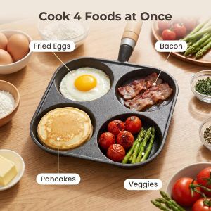 [Vodool Home Mall] 4/5/7-Hole Egg Frying Pan Wooden Handle Non Stick Egg Pancake Cooking Pan Multifunction Hamburger Steak Pan Suitable for Gas Stove Induction Cooker