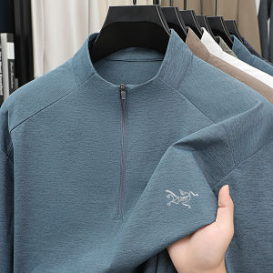 Luxury Quality Mens Long Sleeved T-shirt Simple Solid Color Half Zipper Autumn Letter Print Half High Neck Versatile Mens Wear