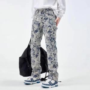 Korean Fashion Popular High Street Versatile Blue Splicing Jeans Mens Trend Spring and Autumn New Loose Straight Trousers 2026