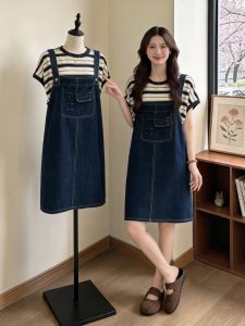 Plus Size Slimming Jean Jumpsuit and Stripe Top Two-Piece Set