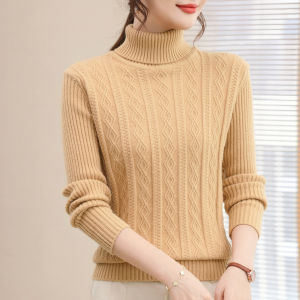 เสื้อสเวตเตอร์ถักคอวีหนาสำหรับผู้หญิงในฤดูใบไม้ร่วงและฤดูหนาว เสื้อชั้นในทรงหลวม คอกลม แขนยาว สีพื้น ระบายความร้อนได้ดี