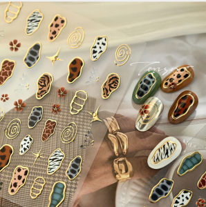 Retro Animal Pattern Nail Stickers Gold Color Nail Art Stickers Leopard Print Cow Print Self Adhesive Nails 3D Decorations Decal