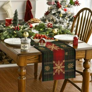 VIKAMA Christmas Theme Table Flag Red and Green Checkered Snowflake Pattern Table Decoration Cloth Christmas Table Flag