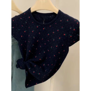 YUFUQING | Slim Fit Floral Knitted Short Sleeve T-Shirt Womens Style French Design Summer Fashionable Top Round Neck Korean Commute Style