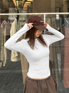 StreetStudio American Retro Basic Fit Elastic Long Sleeve Womens Base Shirt Versatile Underwear Bottoming Top round Neck T-shirt