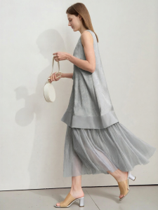 AMII | Sleeveless Patchwork Net Gathering Embroidered Cheongsam Style Dress