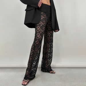 High-Waisted Straight-Leg Pants with Lace See-Through Design Comfortable Thin Three-acetate Fiber Long Casual Trousers