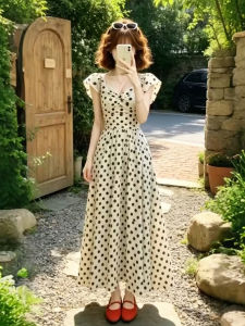 PEIZIXUAN | Slimming Waist Fitting Polka Dot Flared Sleeve Summer Dress