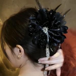 Elegant Pearl Flower Core Feather Hair Clip Full Sky Star Large Flower Tassel Shark Fin Clip Stylish Hair Accessories