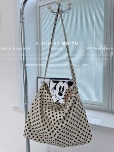 Korean Style Polka Dot Canvas Bag Shoulder Crossbody Bag for School Large Capacity Single Strap Bag Fashionable Tote Bag