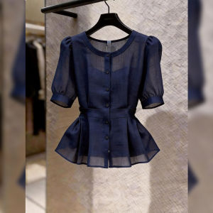 Elegant French Style Puff Sleeve Top Navy