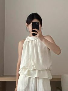 XUECAIQI | Plus Size Salty Style Youthful Halter Neck Sleeveless Top White Wide Leg Pants Set