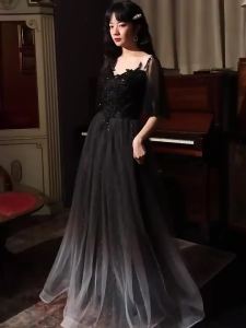 DINNER DRESS Womens Elegant Black French Party Evening Dress With Embroidered Flowers 修身显瘦高端晚宴黑色礼服长裙