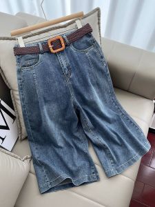 Fashionable High Waist Thin Denim Jeans Womens Summer New Style Casual Wide Leg Short Pants Straight Five-Quarter Mid-Pants