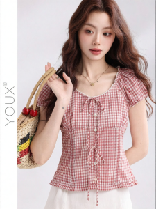 YOUXIANG | Áo Sơ Mi Ngắn Tay Ôm Dáng Họa Tiết Caro Pháp Cổ Điển
