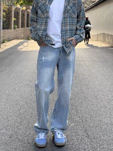 American Style Vintage Spring Autumn Mens Jeans Loose Casual Straight Leg Long Pants Anti-Pilling Low Waist Button Closure