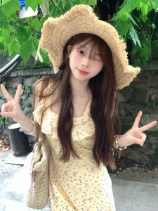 QINWEIYU | Korean Style Yellow Floral Summer Dress Womens New 2025 Sleeveless Waist Cinched Vacation Beach Long Dress Sweet High Waist